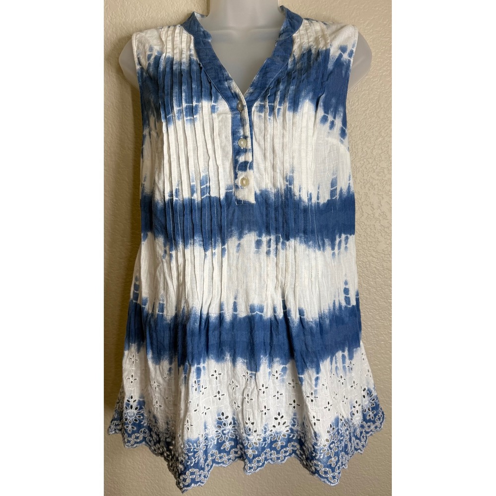 Style & Co Womens S Blue Tie Dye Sleeveless Top Pintuck Eyelet Lace‎ Hem Beach